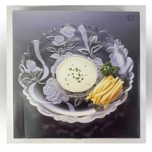Vtg Chip Dip Serving Dish Laura Glass Rose Garden 14” inch